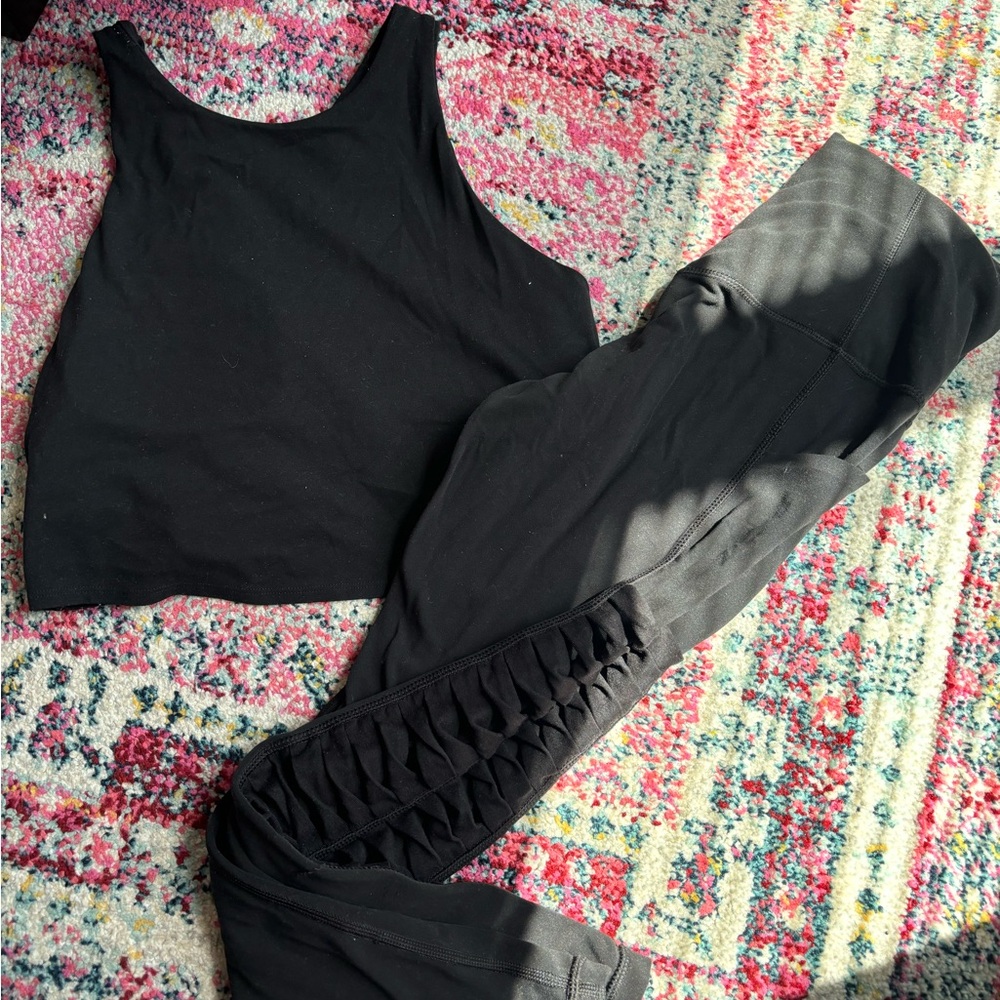 Athleta Black Cropped Tank and Textured Leggings Set